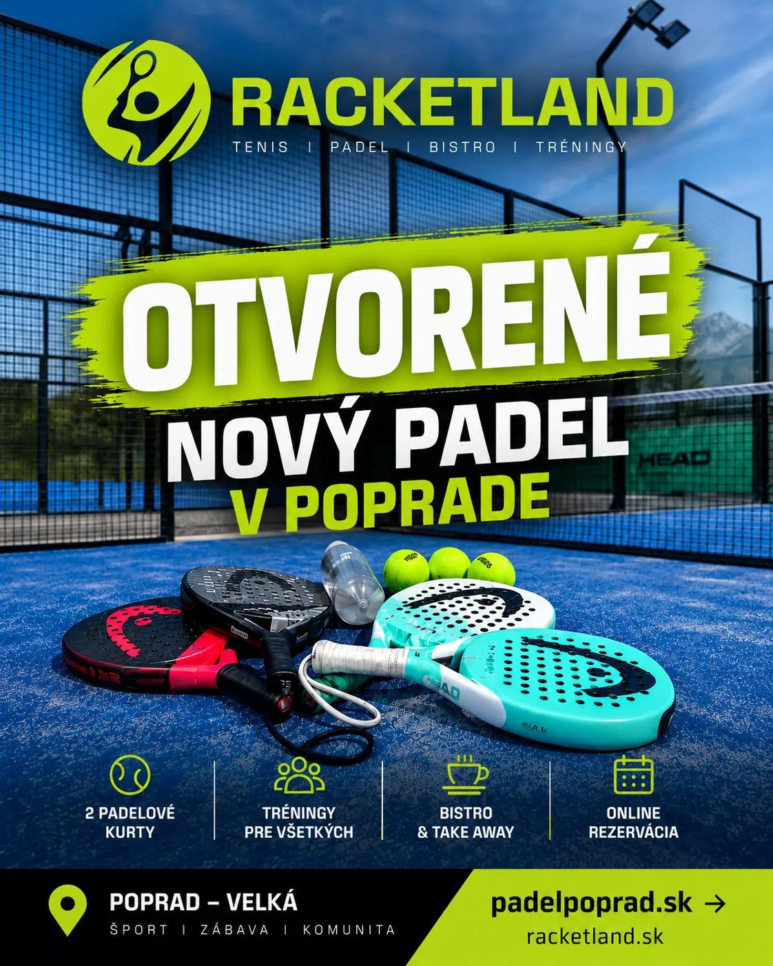 Leták Otvorené – nový padel v Poprade, Racket Land